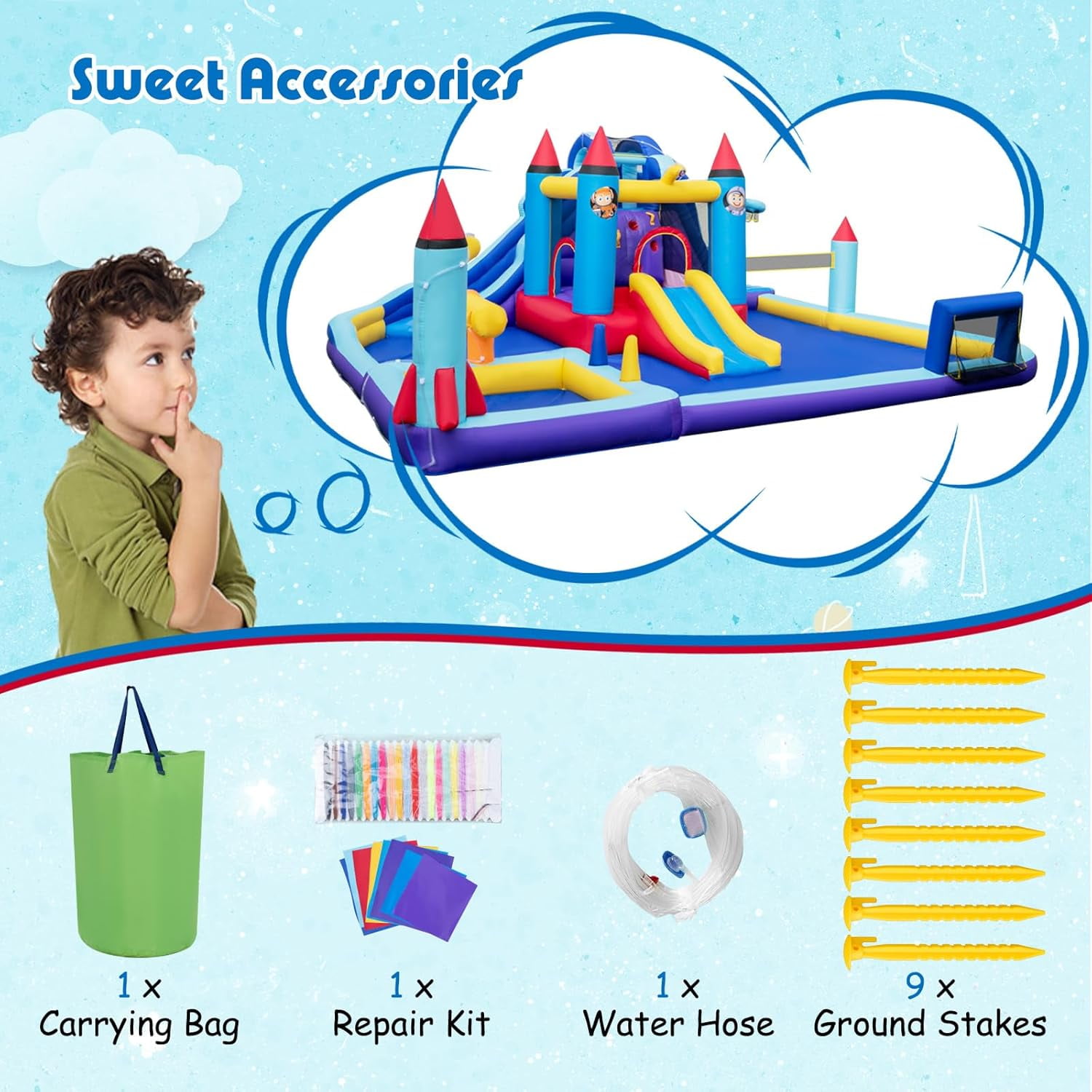 OLAKIDS Inflatable Water Slide, 10 in 1 Rocket Theme Bounce House Water Park with 2 Slides Splash Pool Volleyball Soccer Gate, Outdoor Inflatable Obstacle Course for Kids Backyard (Without 950W)