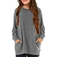 thumbnail image 2 of miqiqism Girls Tunic Shirts for Legging Long Sleeve Crewneck Tops Children Round Neck Loose Blouses Fashion Crewneck Tops with Pockets,01_Gray,Size 10 Years, 2 of 6