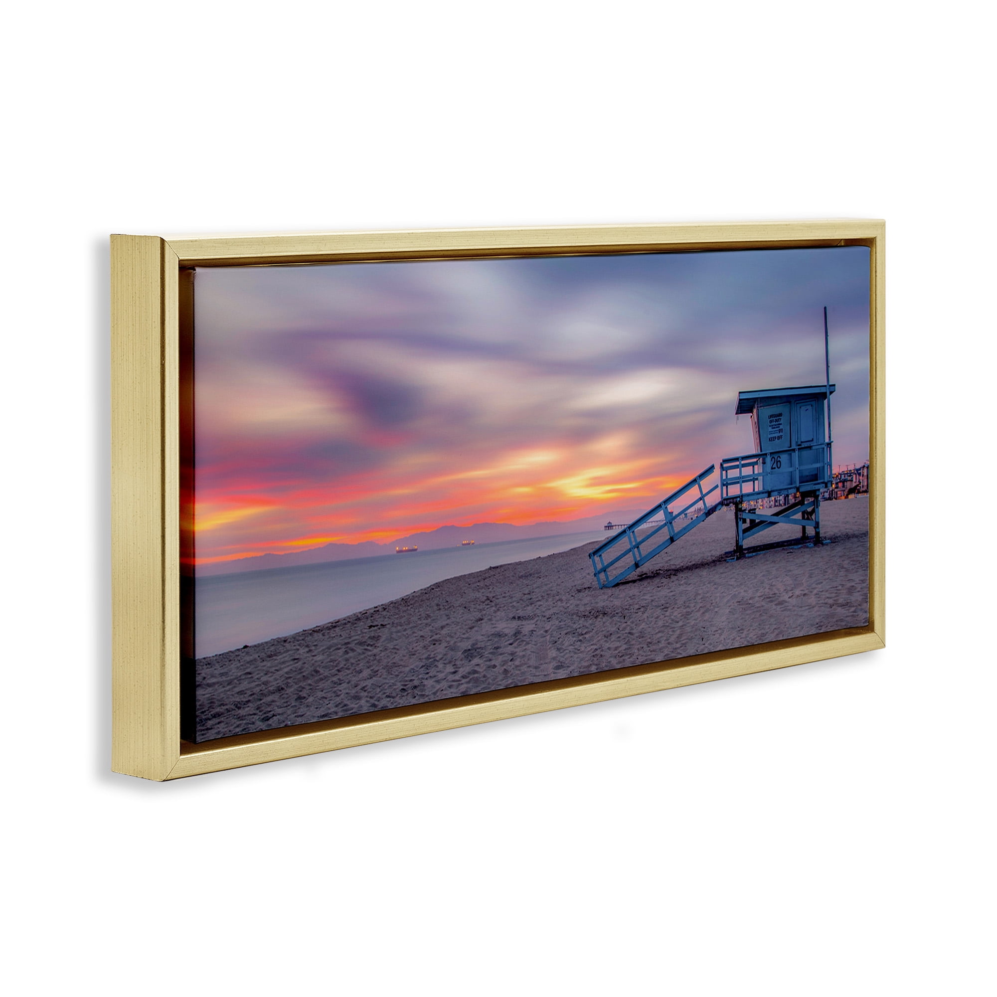 Stupell Industries Beach Hut Sunset Horizon Nature Photography Gold Floater Framed Canvas Art Print Wall Art, 31 x 14