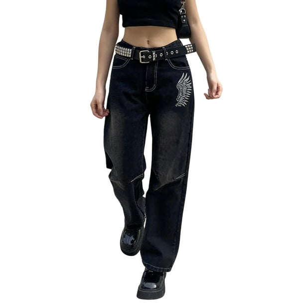Gothic Cargo Jeans for Women Wide Straight Leg Punk Grunge Baggy Pants ...