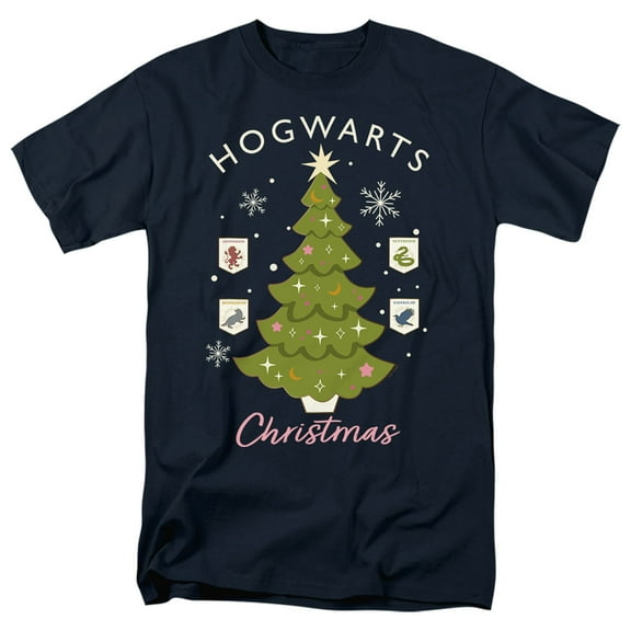 Harry Potter Hogwarts Christmas Tree Unisex Adult T Shirt, Navy, 3X-Large