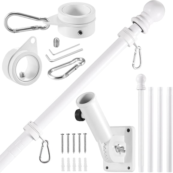 White Flag Pole Kit for House, 5 FT Thickened Stainless Steel Porch Wall Mount Flagpole for 3x5' Flag, 1" Tangle Free Rotating Flag Pole Rings & 180° Adjustable Multi-Positions Bracket Holder