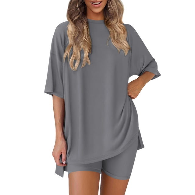 Ensemble Deux Pièces pour Femmes, Haut Uni à Col Rond et Manches Cinq-Quarts avec Short Assorti, Polyester, Tenue d'Hiver Décontractée, Coupe Asiatique