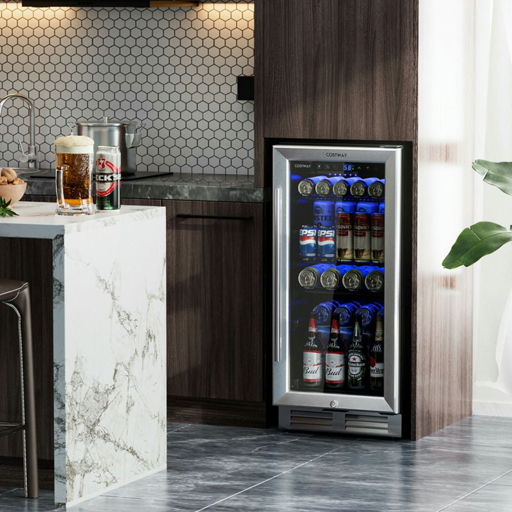 Topcobe 15 Inch 100 Can Built-in Freestanding Beverage Cooler Refrigerator with Adjustable Temperature and Shelf, Mini Fridge for Home Kitchen Offices Dorm-Silver
