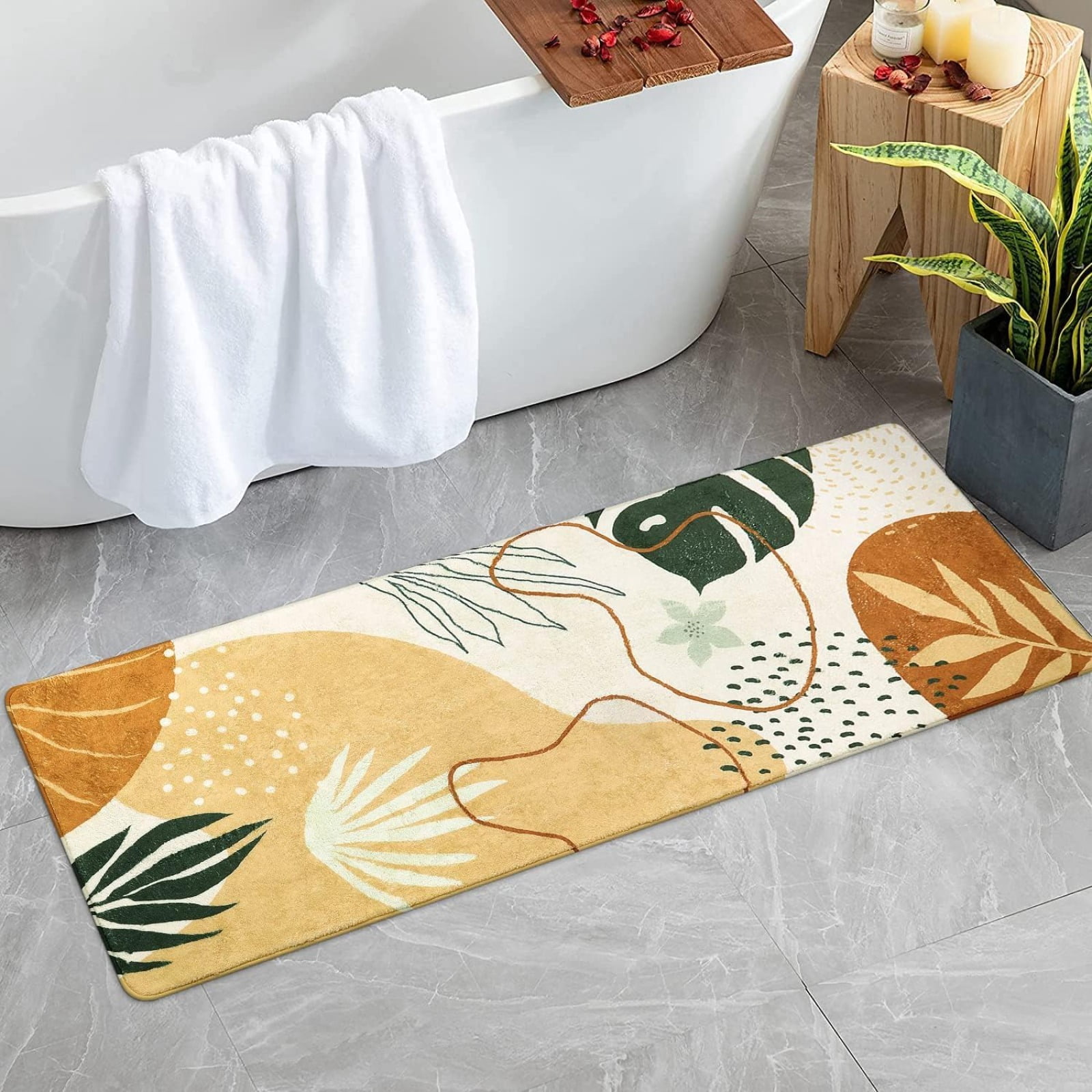 Bathroom Runner Rug Modern Abstract Long Bath Mat Non-Slip Cute Green Plant Bath Rug Soft Velvet Machine Washable Floor Mats for Bathroom Tub Shower