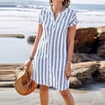 thumbnail image 4 of vigerkar Women's Linen Striped Shirt Dress Short Sleeve Button Down Notched V Neck Summer Beach Tunic Midi Dress (Light Blue, 3XL), 4 of 6