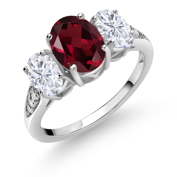 Gem Stone King 10K White Gold Red Rhodolite Garnet White Moissanite and White Lab Grown Diamond 3 Stone Engagement Ring for Women (2.39 Cttw, Gemstone Birthstone, Available in Size 5, 6, 7, 8, 9)