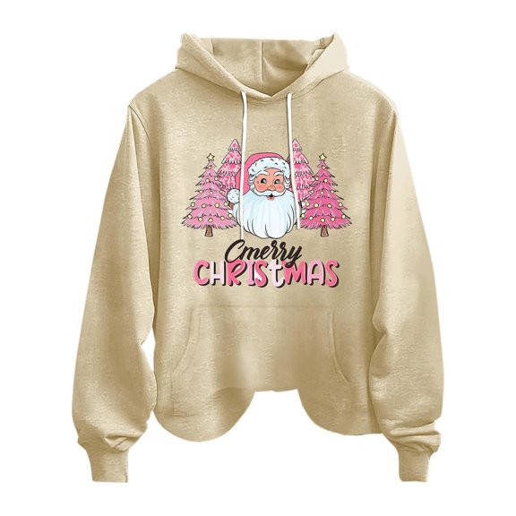 skpabo Christmas Hoodies for Women Ladies Christmas Jumpers Xmas Tree Santa Printed Hooded Sweatshirts Loose Hoodie Tops Casual Long Sleeve Pullover Top with Front Pocket Size 8-16