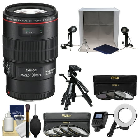 Canon EF 100mm f/2.8 L IS Macro USM Lens with Macro Ring Light & Tripod + Portable Light Box Set + 3 Filters +