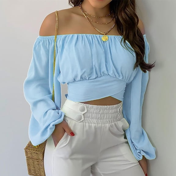 Uootdi Womens Tops Womens Off Shoulder Ruched Tie Cropped Top Lantern Sleeve Chiffon Blouse Gift
