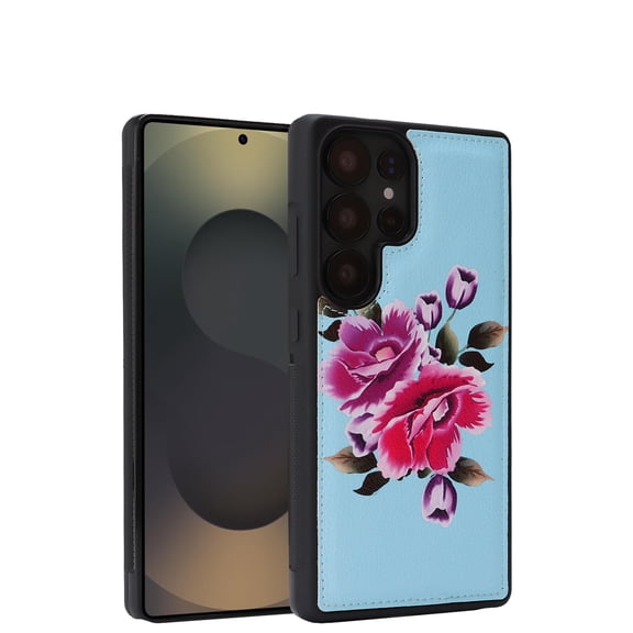 For Samsung Galaxy S26 Phone Case,Exquisite Flower Print PU Leather Back Design,Ultra Slim Anti-Scratch Shockproof Anti-fall Durable Protective,Thin Fit Phone Case,SkyBlue