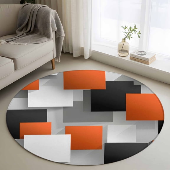 3.3ft Round Rug, Orange Gray Black Non-Skid Rubber Backing Large Area Rugs - Living Room Bedroom Home Office, Modern Abstract Geometric Plaid Indoor Floor Mat Carpets Washable Rug