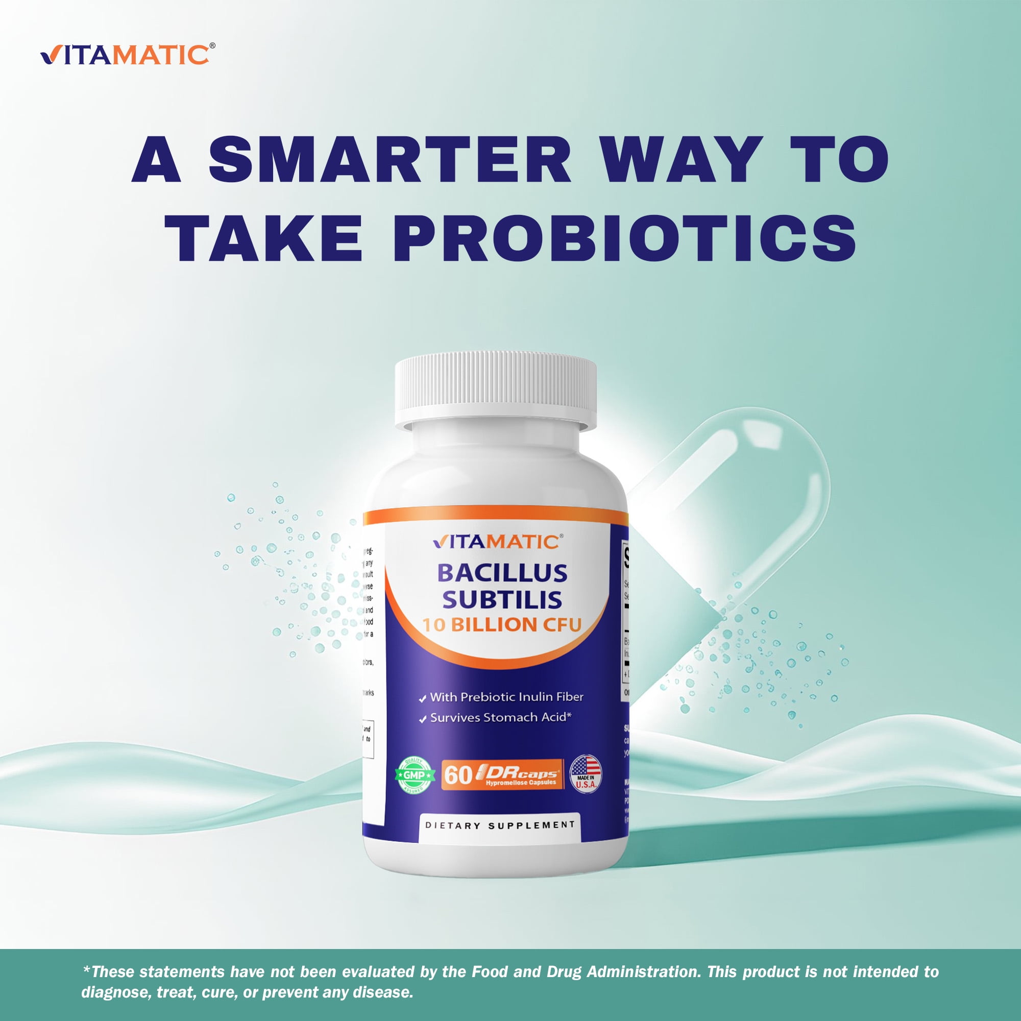 2 pack Vitamatic Bacillus Subtilis 10 Billion per DR Capsule - 60 Count - Digestive, Gut & Immune Health Support - Made with Prebiotic Inulin Fiber