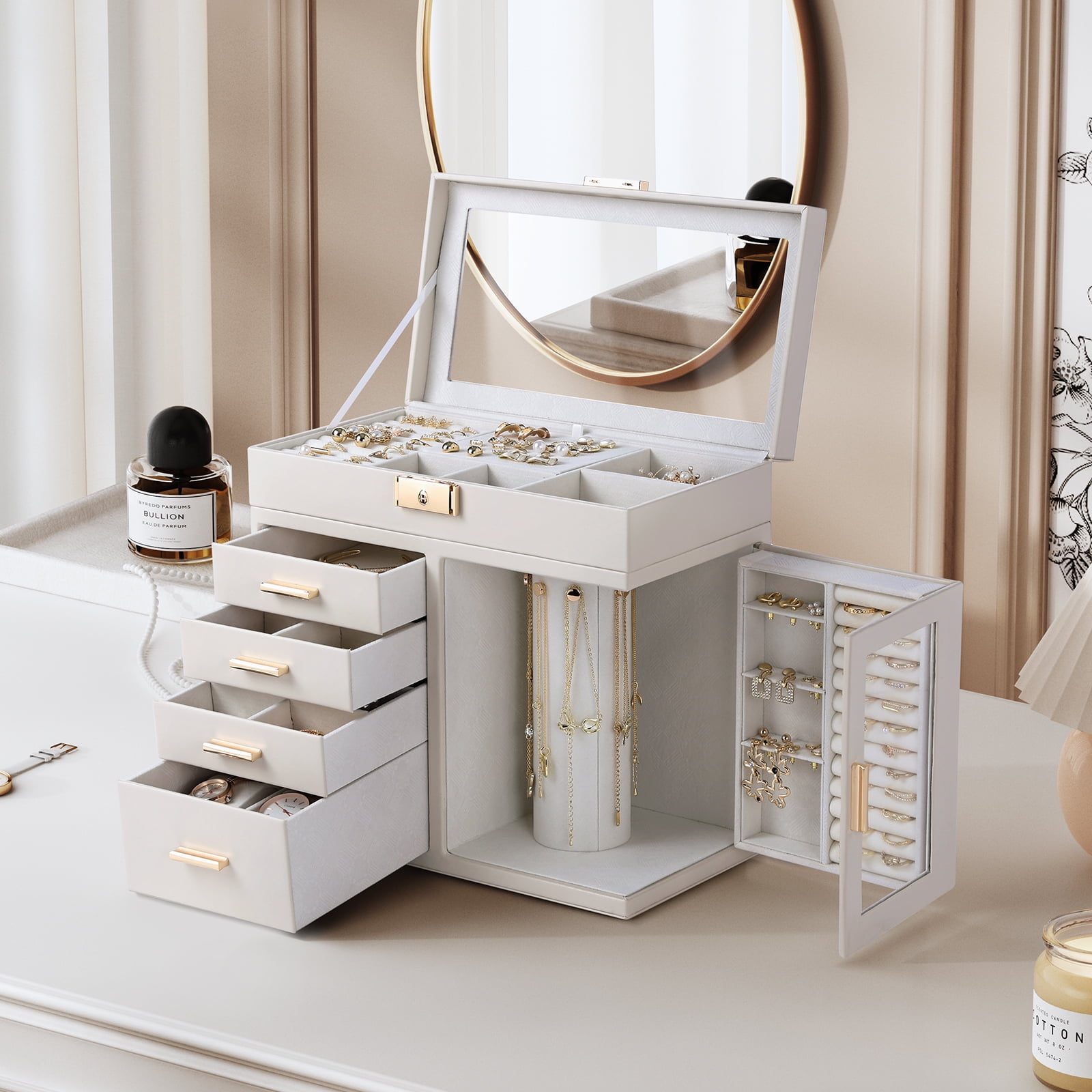 Casegrace 5-Tier Huge Jewelry Organizer with 4 Drawers, Clear Window Flip Lid Jewelry Box, Rotating Column Necklace Storage Case, Clear Open-door Standing Holder for Earrings, Rings
