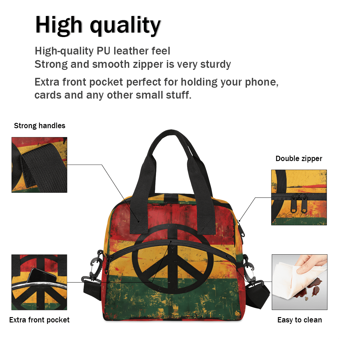Herdesigns Hippie Peace Sign Insulated Lunch Bag for Women Men Adults Large Reusable Lunch Box Vintage Leakproof Cooler Tote Bags with Adjustable Shoulder Strap