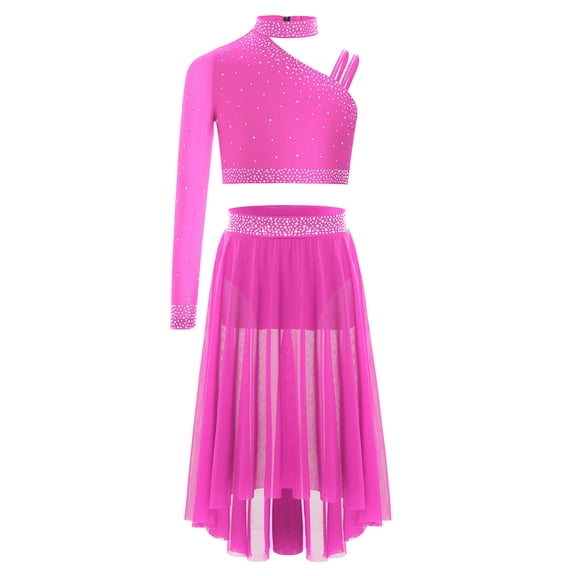 YONGHS Kids Girls Lyrical Dance Set Sparkly Crop Top with Side Slit High-Low Irregular Mesh Skirt Hot Pink 6