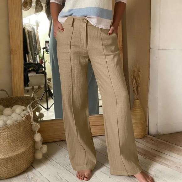 Nfurl Wide Leg Linen Pants for Women Business Casual Pleated Elastic Waist Palazzo Pants Work Dress Trousers Pant Travel Trouser with Pockets Brown M