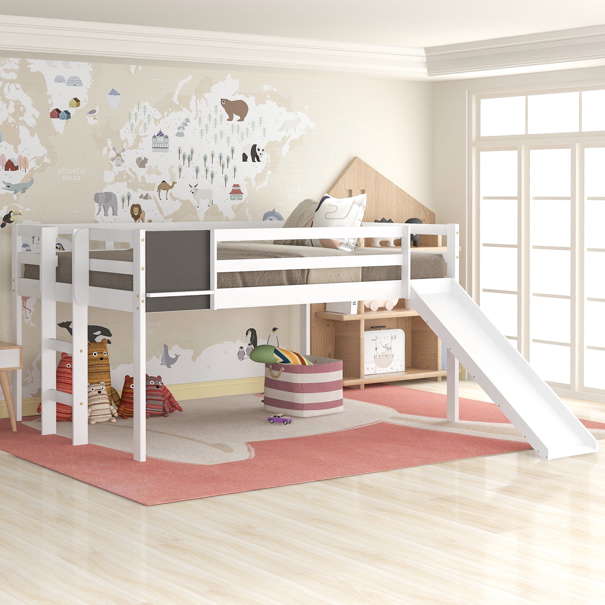 White Full Size Wood Loft Bed with Slide, Stair and Chalkboard ...