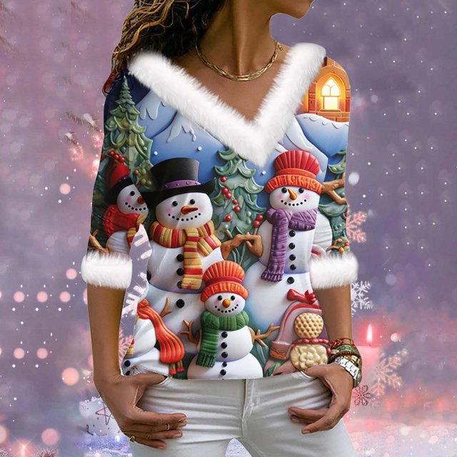 Birdeem Joyeux Noël Blouse Décontractée à Manches Longues Col en V pour Femmes
