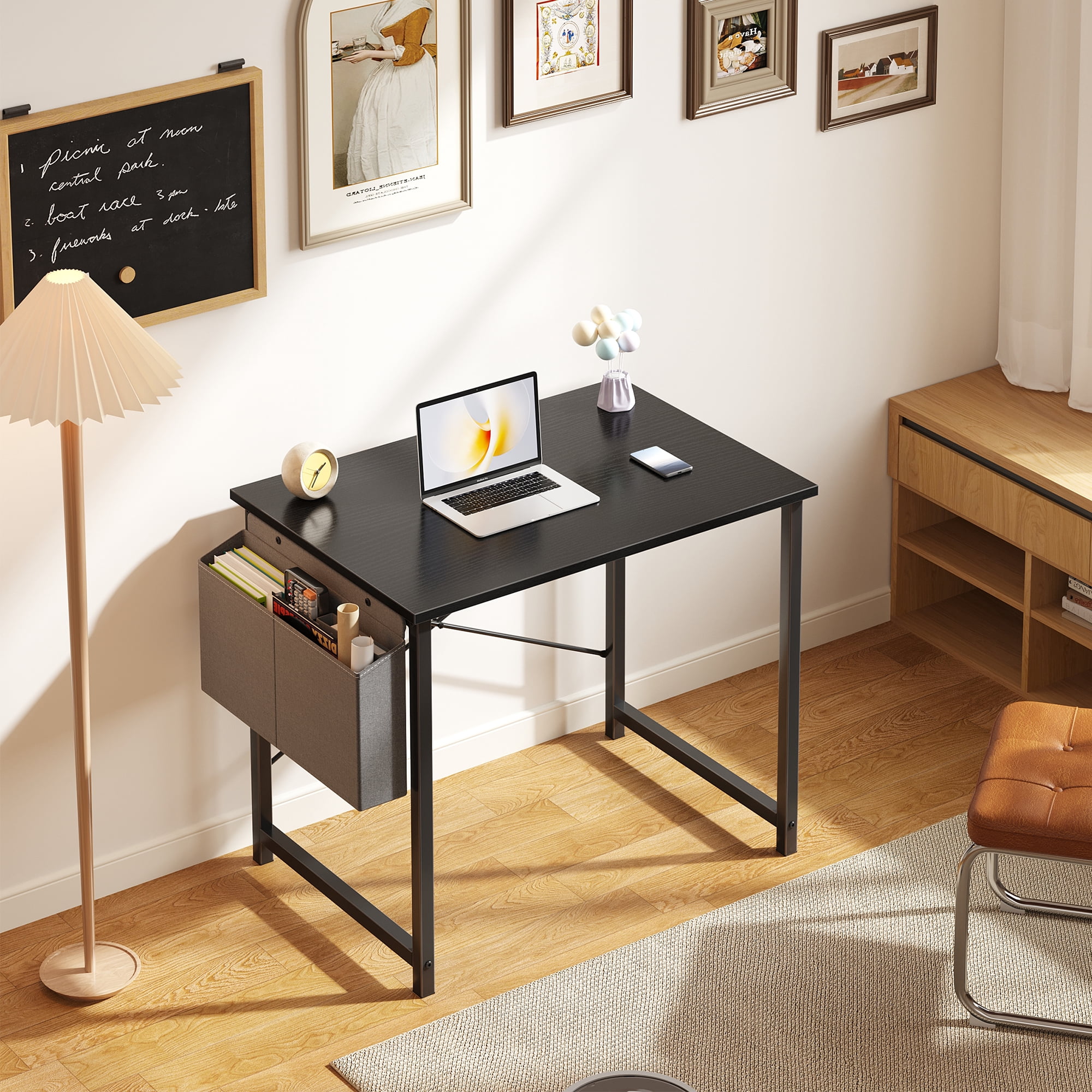 JIOABL 31 inch Computer Desk with Metal Frame and Storage Pouch, Fixed Leg Study Table for Bedroom Office, Black