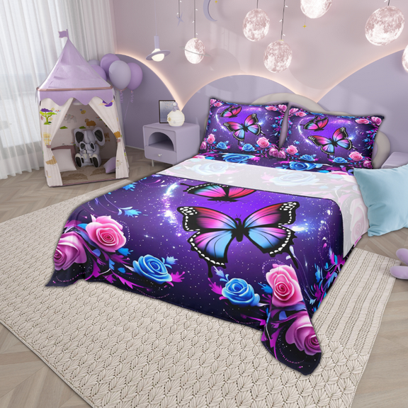 Manfei Pink Blue Butterfly Sheet Set Twin, Gradient Rose Blossoms Bedding Sets Twin Size, Purple Galaxy Flat Sheet, Breathable Room Decoration, 3pcs