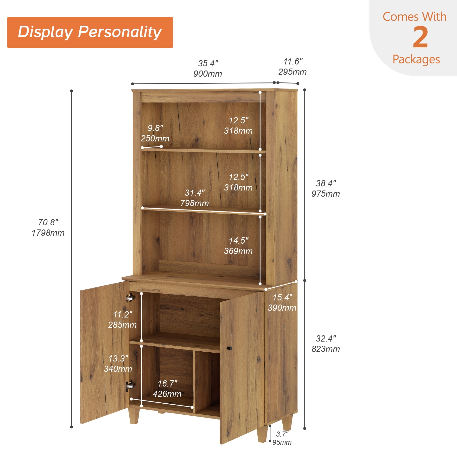 Modern 71" Tall Bookcase with Doors & Storage Cabinet for Home Office,Dark Brown Wood