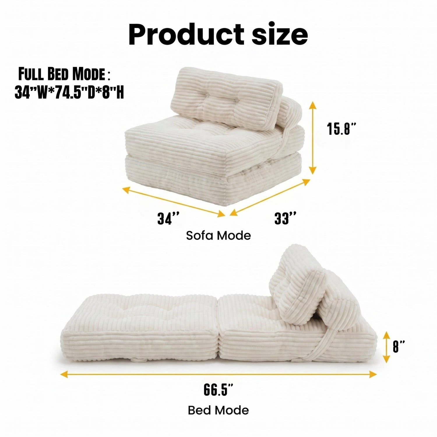 Folding Sofa Bed, Convertible Sleeper Chair with Pillow, Foldable Floor Couch Bed with Back Support, Portable Lounge for Living Room Bedroom, Beige