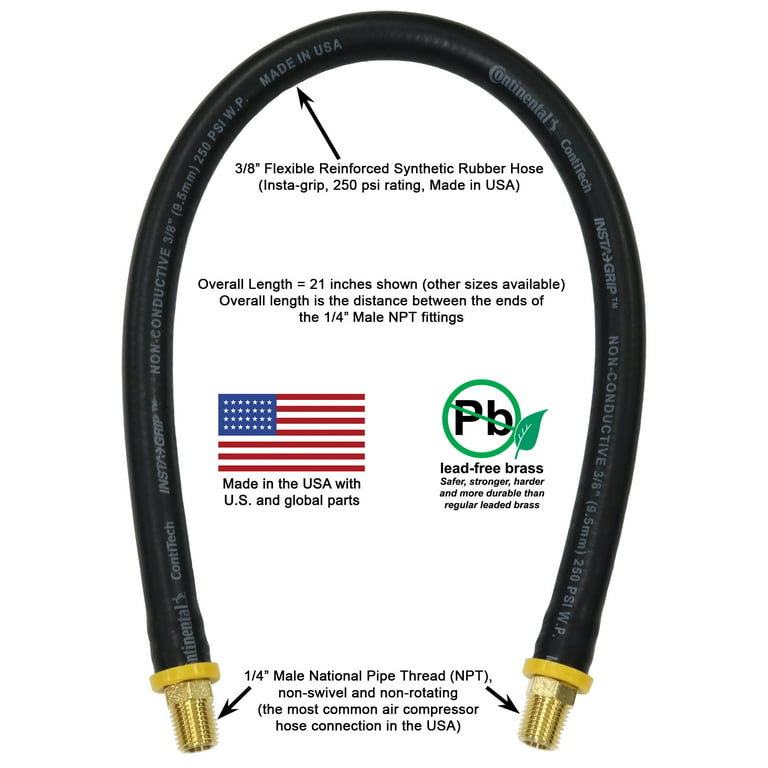 21-inch Short Air Compressor Hose: 1/4 Male NPT to 1/4 Male NPT  Connections (Lead-Free Brass) 