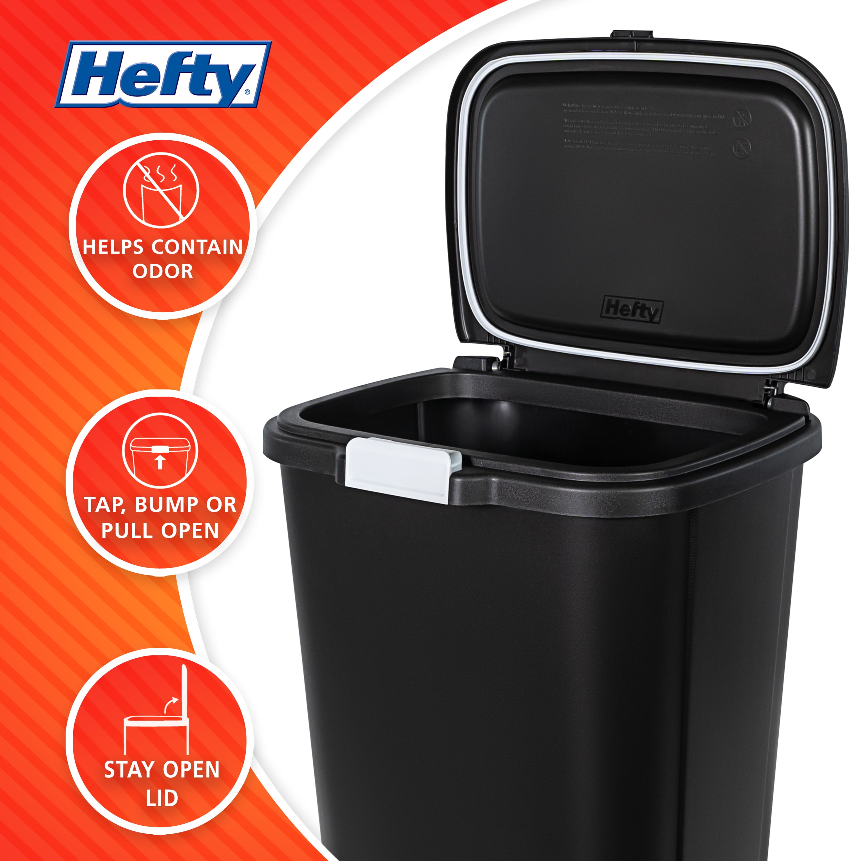 Hefty Kitchen Trash Can, 13 Gallon Plastic Odor Block Touch Top Garbage Bin with Push Button Lid, Black