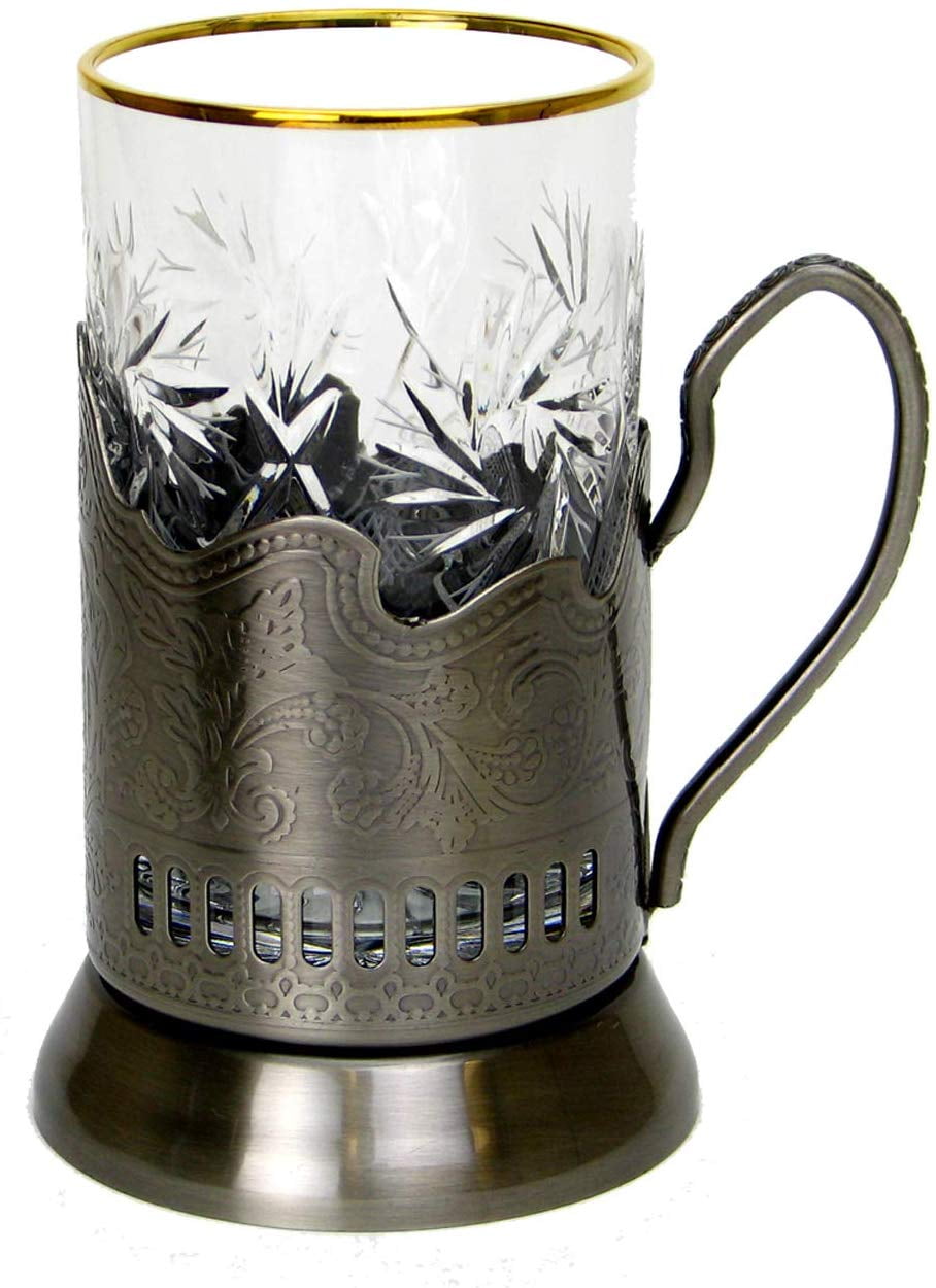 2pc Russian Tea Set, 24 Karat Gold Banded Tempered Crystal Glasses with Metal Glass Holders