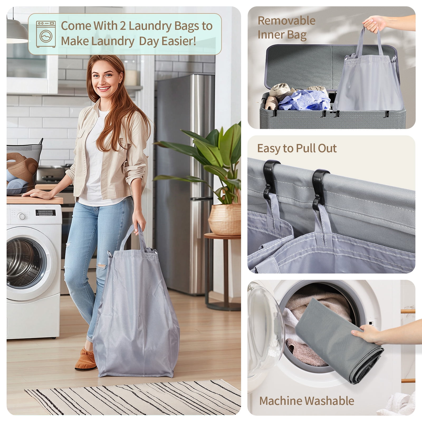 Yecaye Laundry Hamper with Wheels, 150L Large Laundry Basket with Lid & 2 Removable Bags