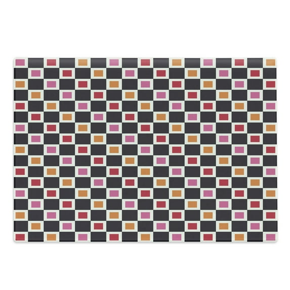 Geometric Cutting Board, Grid Style Checkered Pattern with Cool Vivid Squares Geometrical Retro Motifs, Decorative Tempered Glass Cutting and Serving Board, Large Size, Multicolor, by Ambesonne