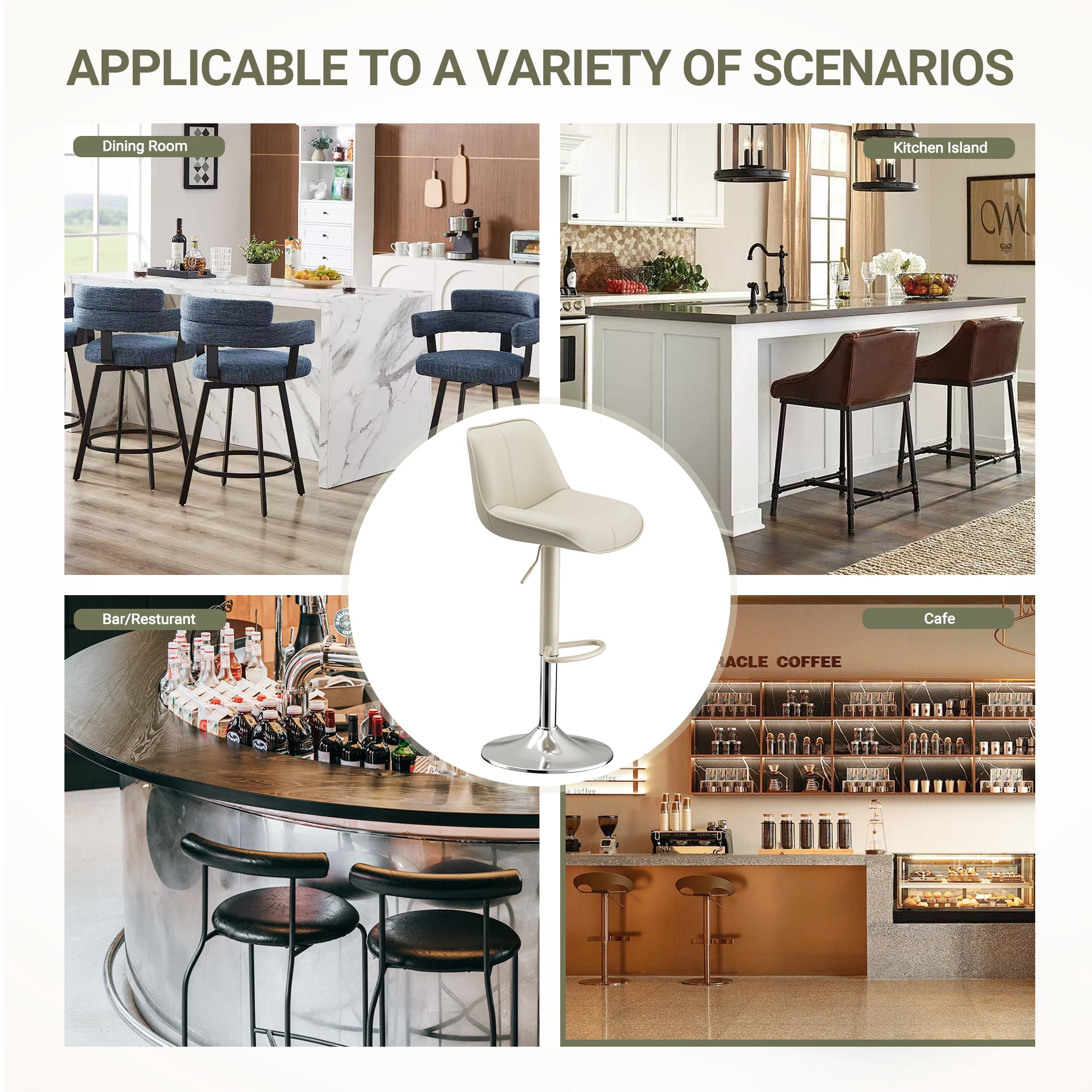EOP Upholstered Bar Stools Set of 6, Adjustable Swivel Counter Height Bar Chairs with Backrest, Modern PU Leather Counter Stools for Bar, Kitchen, Dining Room, Beige