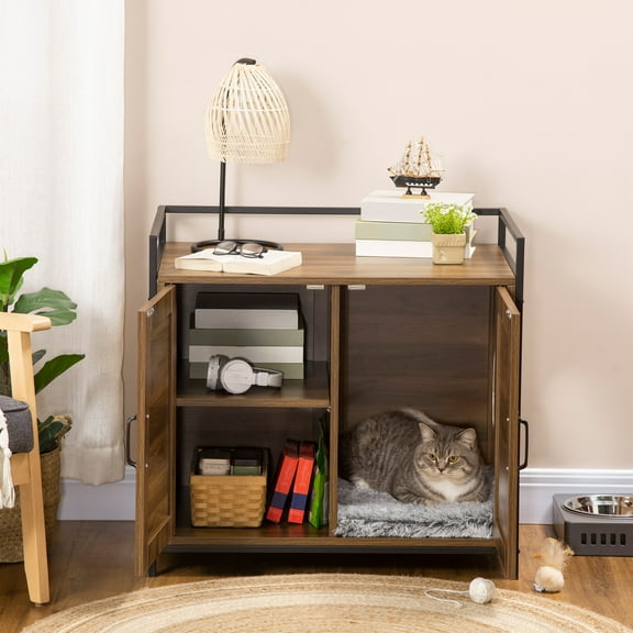 PawHut Shelved Hidden Litter Box Enclosure with Spacious Top Interior, Large Cat Litter House End Table for Indoor Cats with Hidden Storage Cabinet