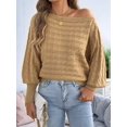 thumbnail image 6 of Women Solid Textured Cable Knit Off Shoulder Boat Neck Balloon Long Sleeve Loose Pullover Sweater Khaki S, 6 of 10