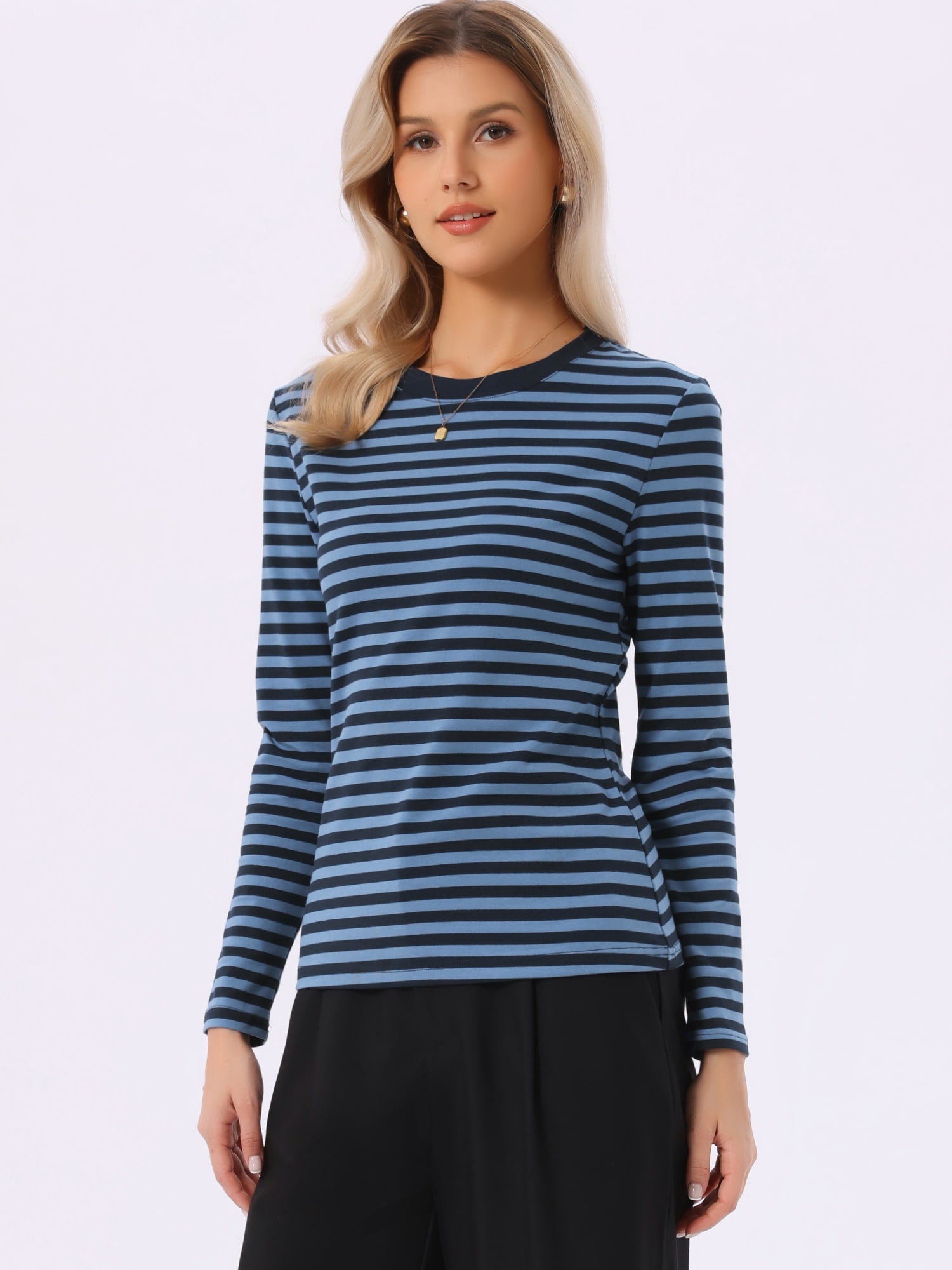 DARING DIVA Women's Striped Long Sleeve Cotton Crew Neck Tees M Black Blue Stripe
