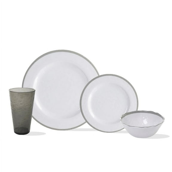 Stephan Roberts 16-Pc Melamine Plates Dinnerware Set with Bowls & Cups, Mason Gray