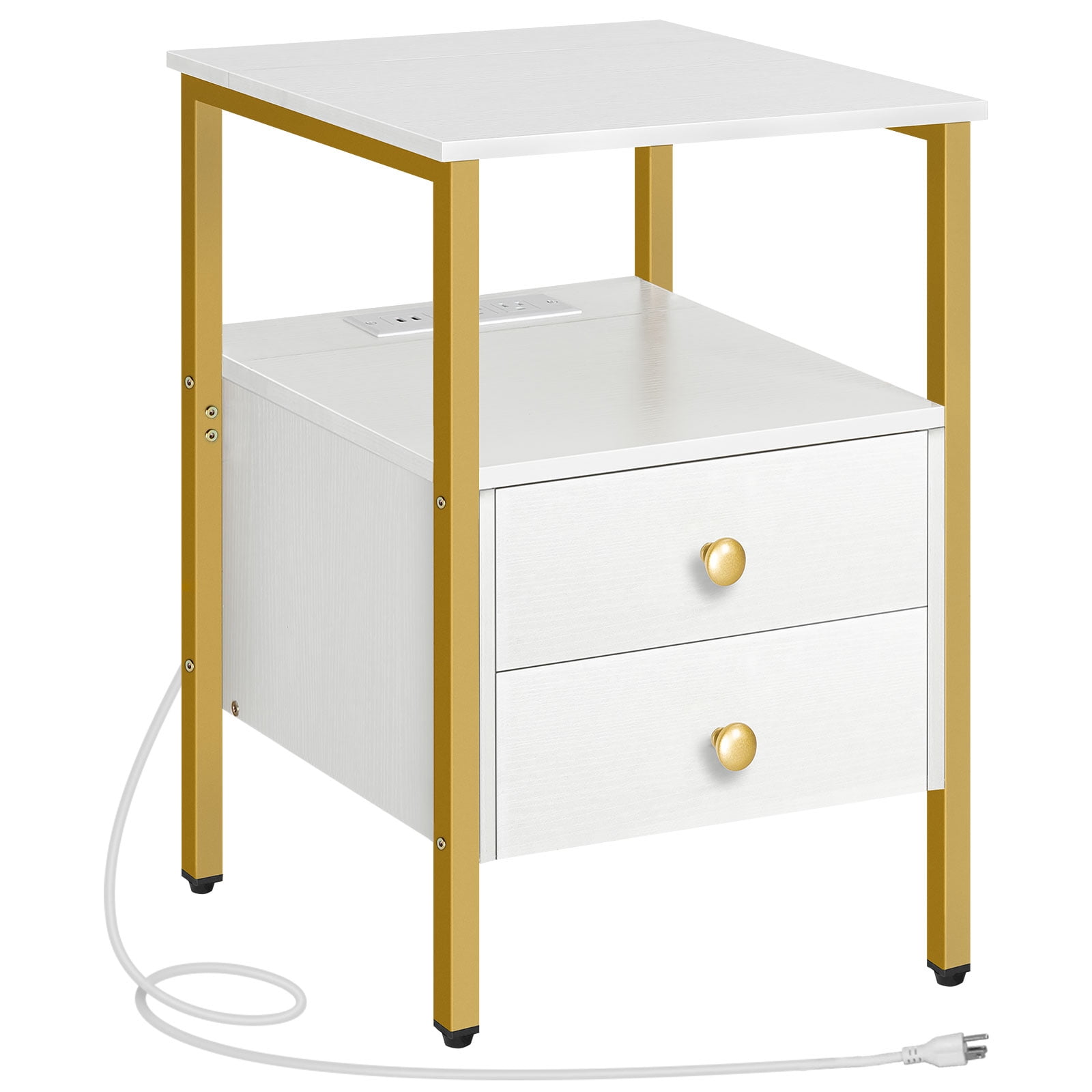 HOOBRO Nightstand with Outlets and USB Ports Coffee Table with Drawers Sofa Table Living Room Bedroom White and Gold DW43UBZ01