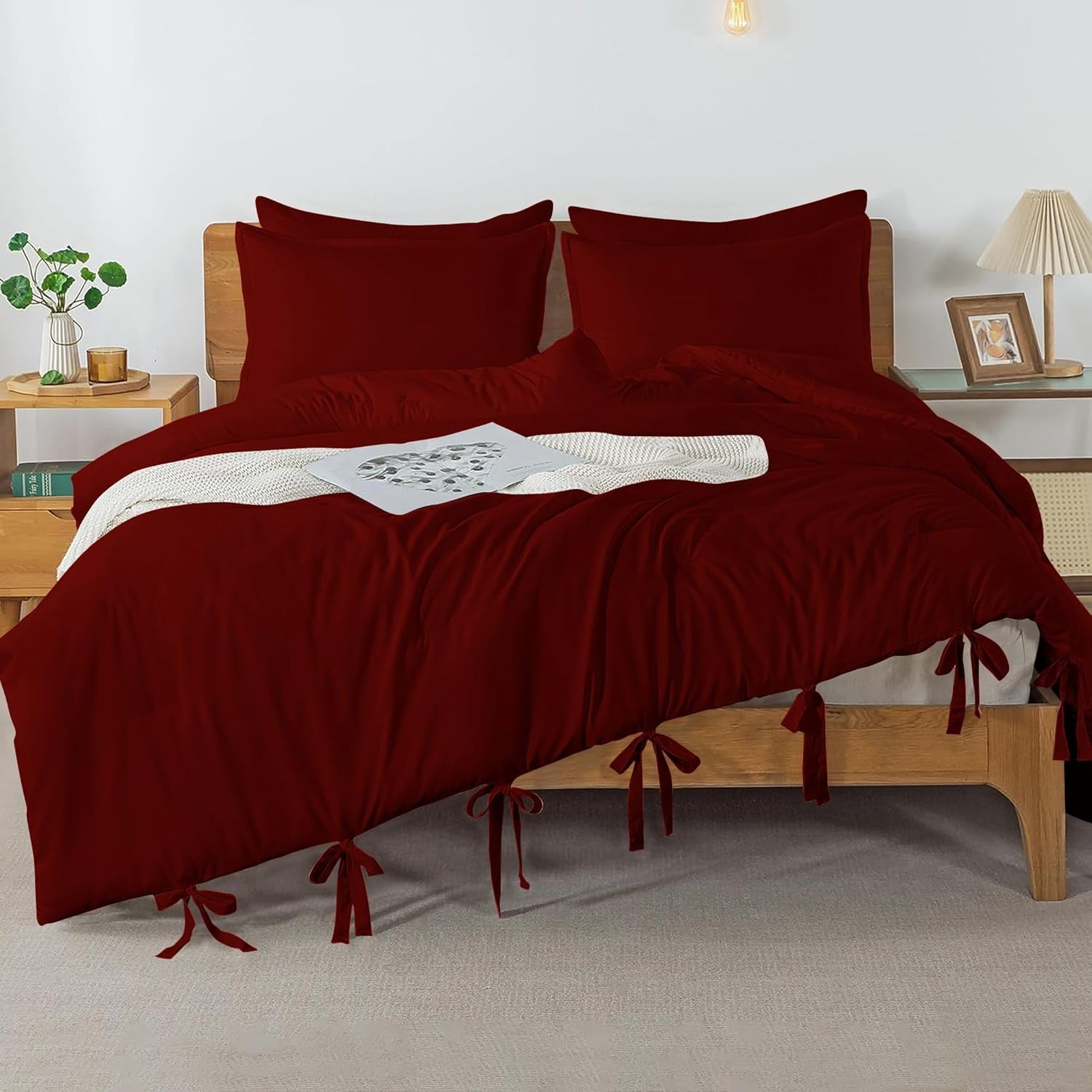 3 Piece Luxury Bottom Tie Pattern Comforter Set, 800 TC, 100% Egyptian Cotton, King/California King Size Burgundy Solid