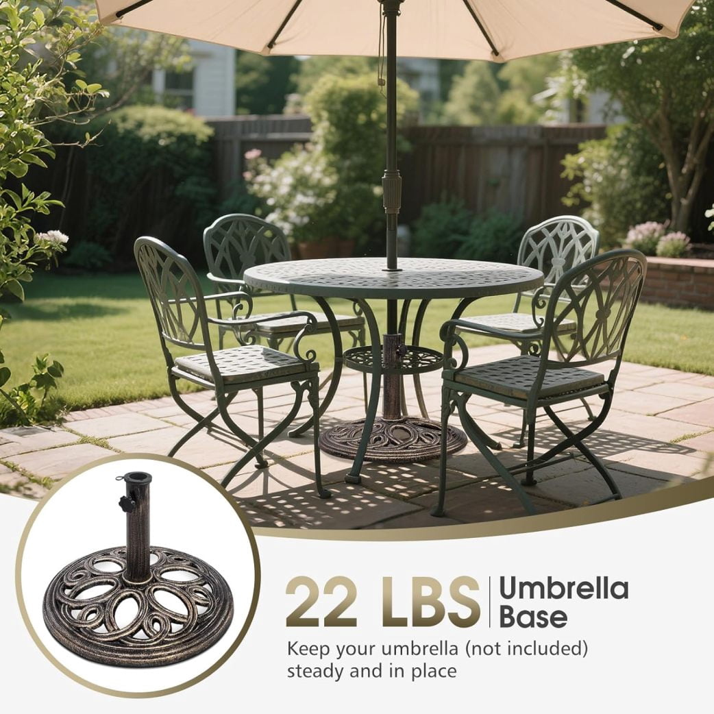 WJSP 22 lbs Heavy Duty Umbrella Base, Round Parasol Holder with 3 Adapters for Φ1.38/Φ1.57/Φ1.9 Pole, Cast Iron Umbrella Base Stand with Beautiful Decorative Pattern, Easy Setup