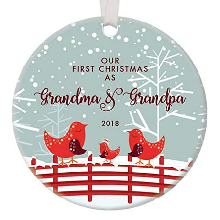 Our First Christmas as Grandma & Grandpa, 1st Xmas Ornament for New Grandparents, Bird Family Nana Pop-Pop Baby Newborn Pretty Circle Ceramic 3