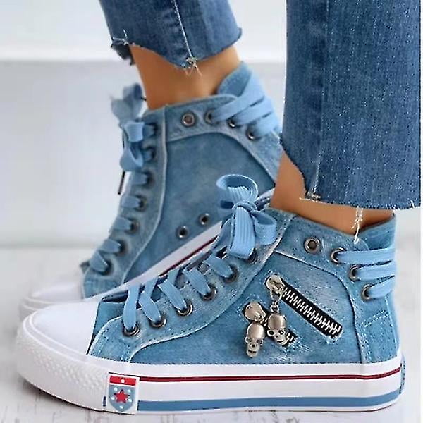 Waca09 Women Skull Zip Decoration Denim Sneakers Casual High Top Canvas Shoes 35