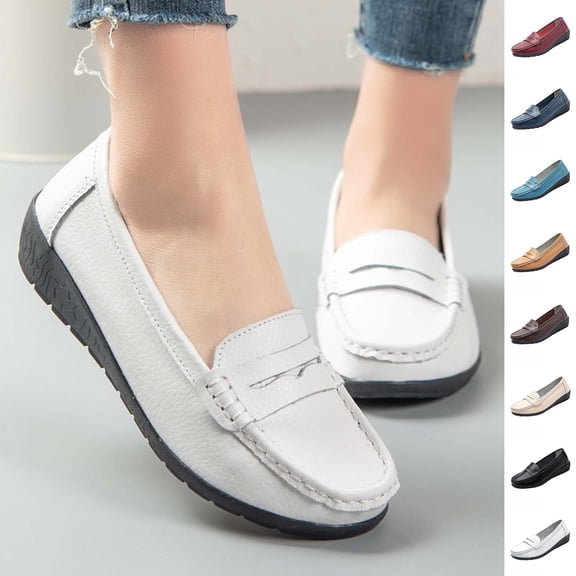 Miluxas Women's Business Loafers Work Casual Flats Shoes Lightweight Penny Leather Slip On Walking Shoes White 9.5(43)