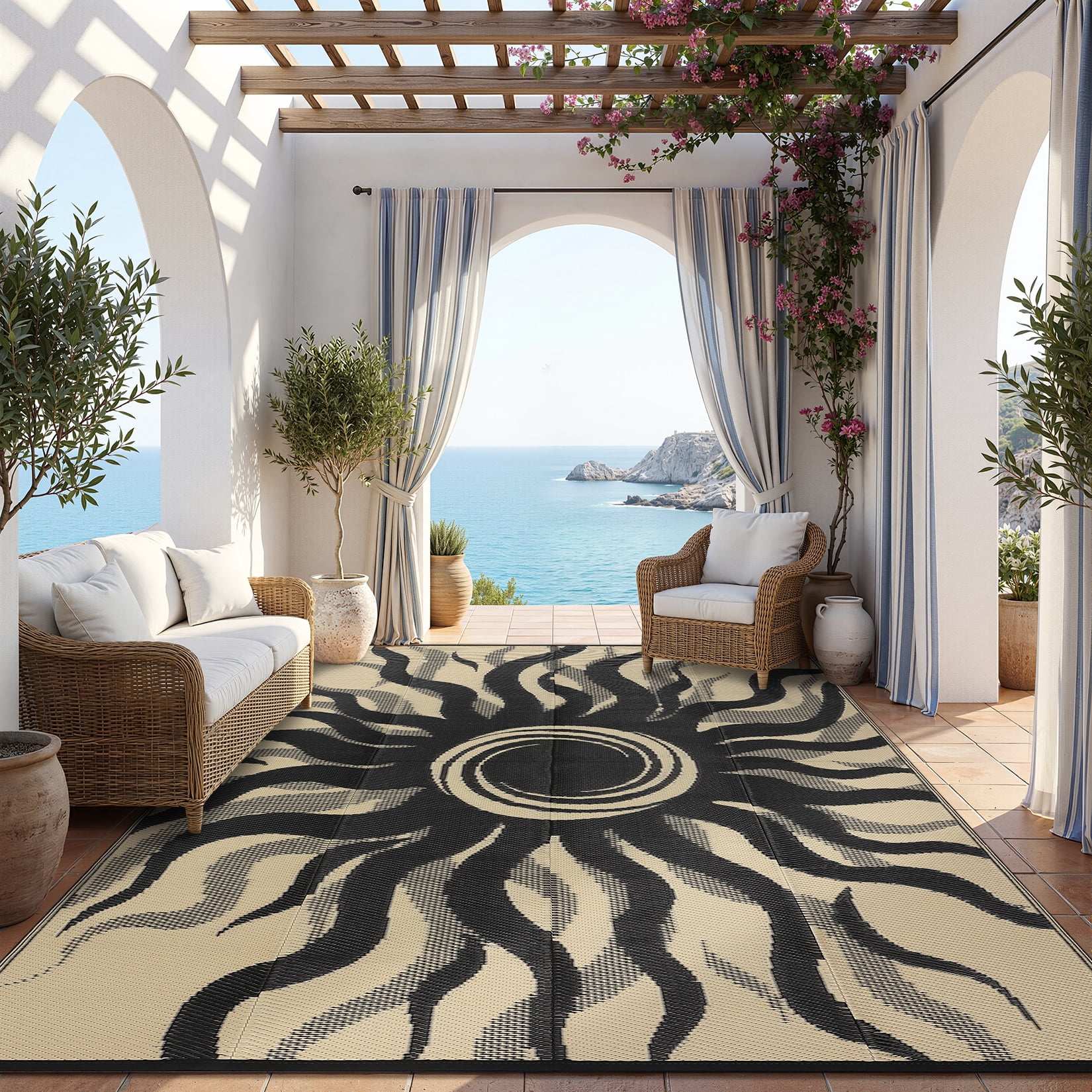 Soonbuy Sun Pattern Outdoor Rug, 9x12 Waterproof Reversible Plastic Straw Outdoor Patio Rug, Quick Dry Easy Clean Outdoor Area Rug Carpet for Camping, Picnic, Balcony, Porch, RV