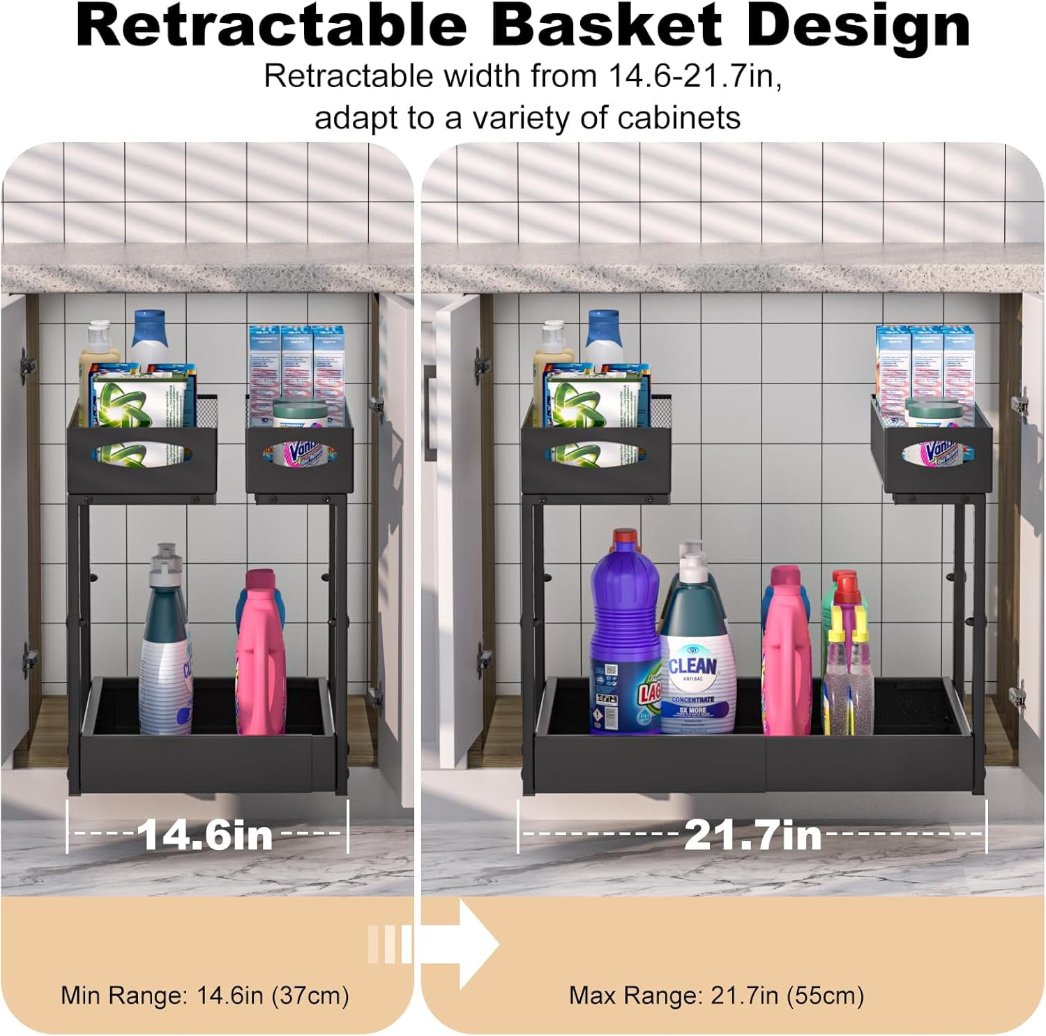 Under Sink Organizer, 14"-21" Width Expandable, 13"-17" Height Adjustable, 2 Tier Metal Pull Out Under Sink Storage Rack with 3 Sliding Rails for Kitchen Bathroom Cabinet, Double Side