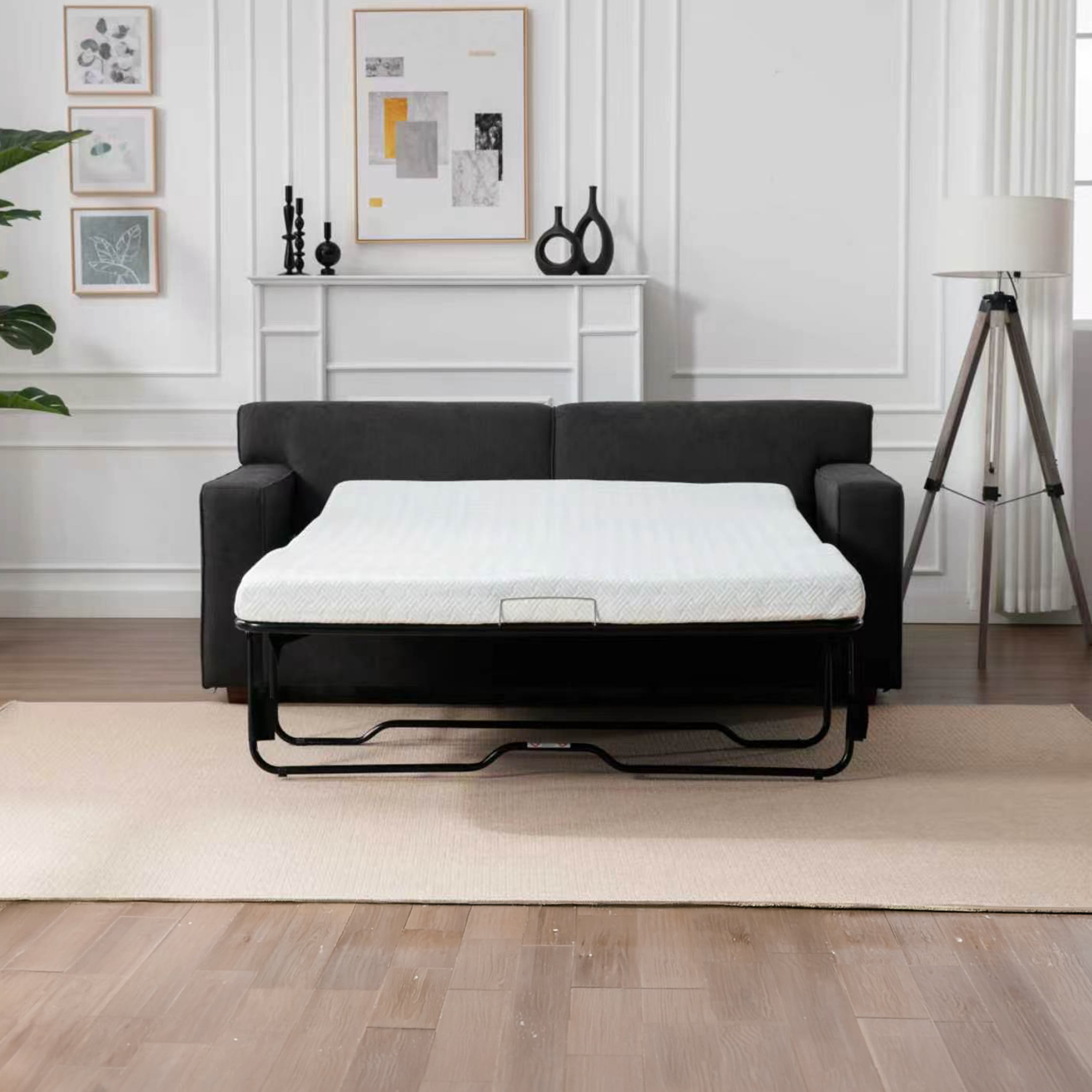 76" Modern Loveseat Sleeper Sofa with 4" Full Bed & 2 Pillows, Dark Gray
