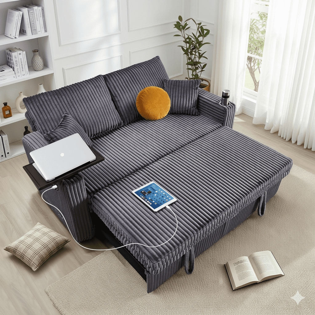 TiramisuBest 3 in 1 Sleeper Sofa Bed, 65" Convertible Pull Out Couch with Small Table, Corduroy Loveseat Sofa for Living Room Apartment Bedroom (Charcoal Gray)
