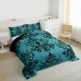 thumbnail image 3 of jejeloiu Damask Victorian Flower Queen Comforter Set,Halloween Skleleton Bedding Sets,Cyan Black Bedding Comforter Set For Men Women,Lightweight Room Decorative Reversible,3pcs, 3 of 8