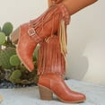 thumbnail image 3 of Rokment Womens Fringe Wide Mid Calf Cowboy Boots Winter Fall Fashion Buckle Leather Chunky High Heel Western Cowgirl Riding Booties, 3 of 8