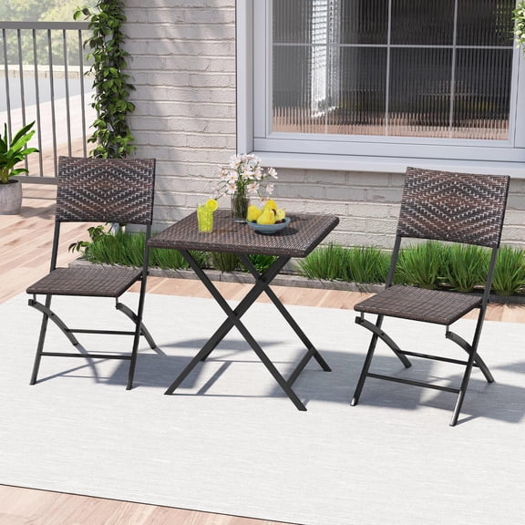 3 Piece Rattan Bistro Set, Outdoor Folding Dining Table and Chairs, Wicker Seat, Pe Rattan, Metal Frame